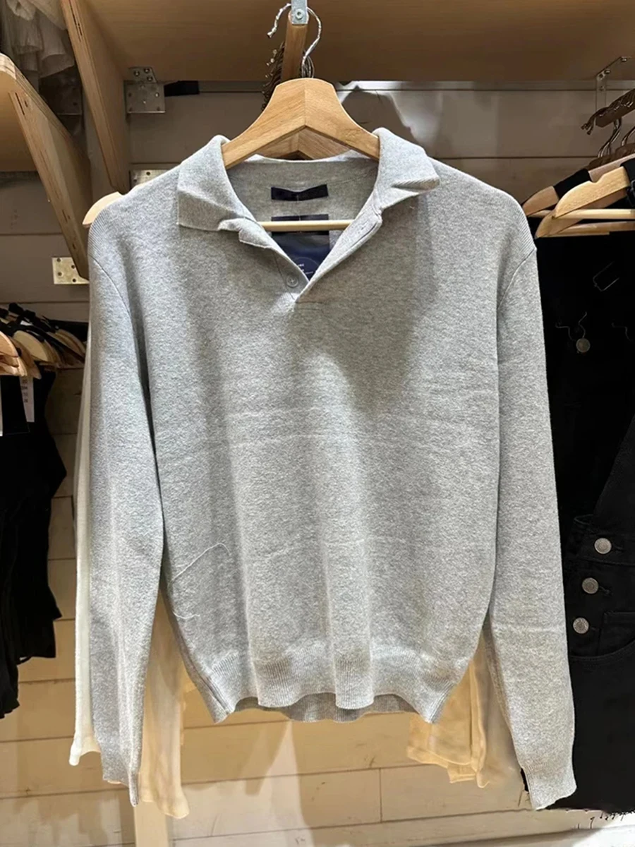 女性のためのシンプルな白いボタンルーズセーター、綿の折り襟、プレッピースタイル、ニットトップ、甘いヴィンテージのジャンパー、秋、新しい