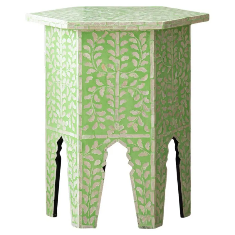 

Fresh light green pattern colored shell small side table hollow arched leg design hexagonal coffee table side table