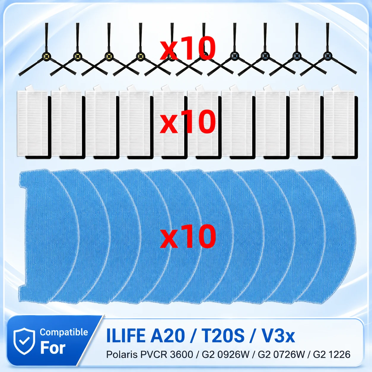 Fit For ILIFE T20S / A20 / V3x / Polaris PVCR 3600 / G2 0926W / G2 0726W / G2 1226 Robot Vacuum HEPA Filter Side Brush Mop Parts
