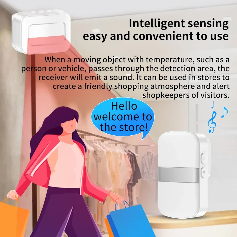 CACAZI Wireless Motion IR Sensor Door Chime Waterproof Smart Alarm for Store Entrance Alert Bell 45 Ringtones UK/AU/US/EU Plug