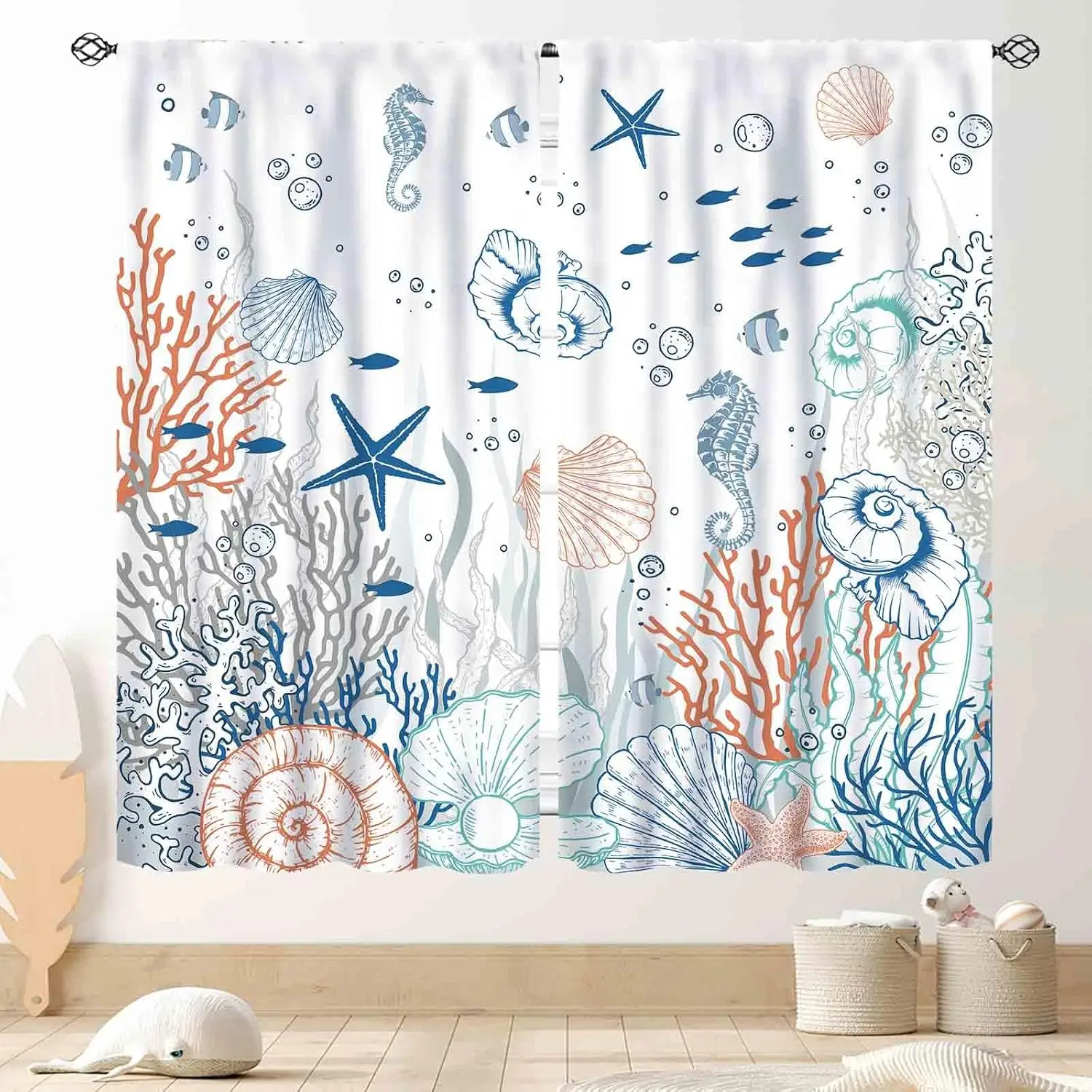 Panel de Cortina Decorativo con Tema de Coral Submarino, Diseño Tropical de Vida Marina y Conchas, Tratamiento de Ventana Náutico de Poliéster