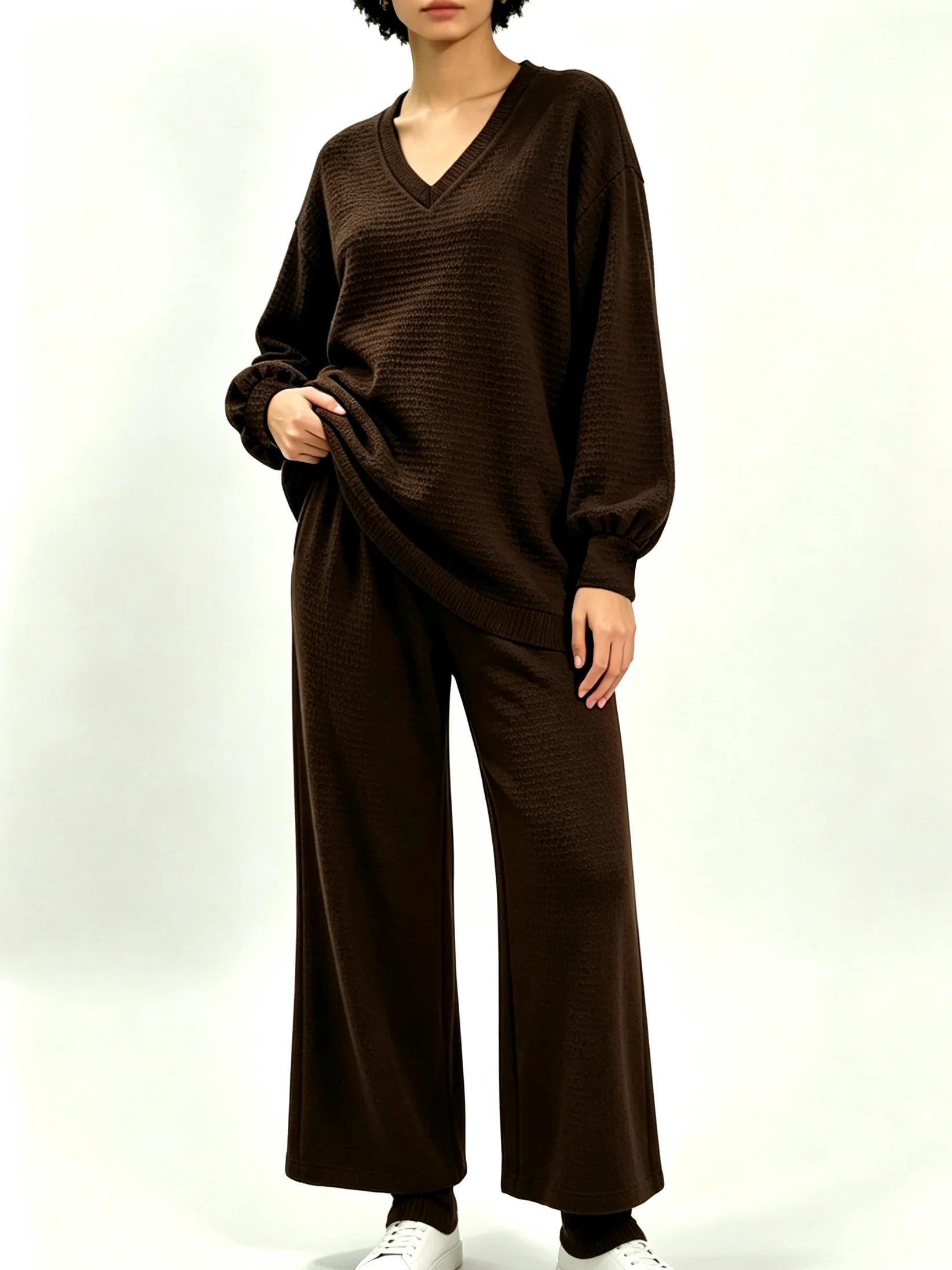 Women Solid Textured Knit 2‑Piece Outfit, V‑Neck Lantern Sleeve Top & Pocket Elastic Waist Wide Leg Pants Set