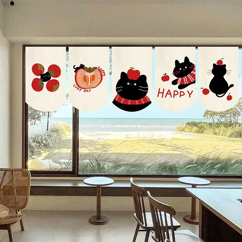 VIKAMA Cute Black Cat Red Apple Triangle Hanging Flag Noren Curtain Home Kitchen Cafe Partition Banner Window Decor