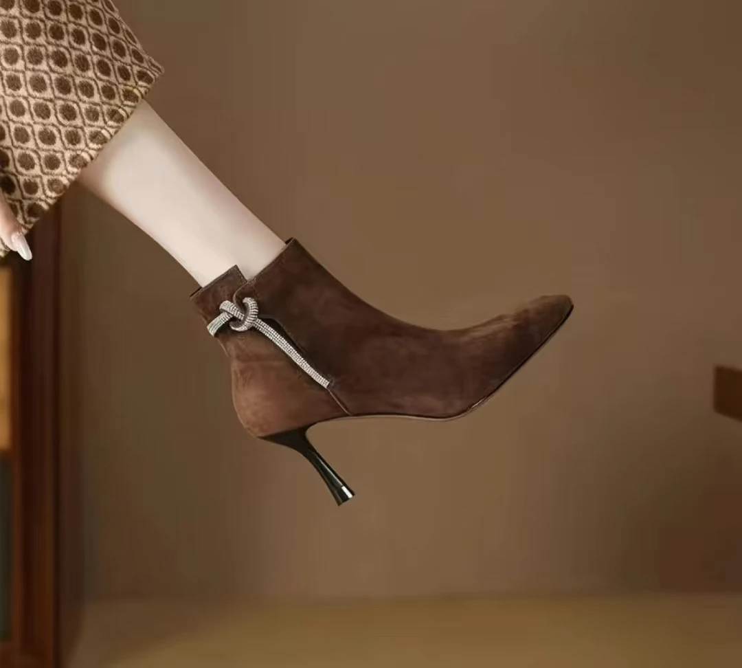 جديد الخريف حذاء من الجلد الجلد المدبوغ أحذية من الجلد للنساء أشار تو أحذية كعب رقيقة سستة الأحذية الحديثة عقدة أحذية عالية الكعب