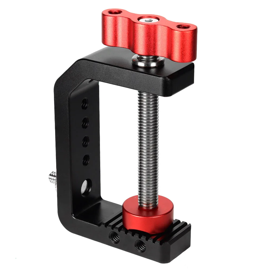 Aluminium C-Klemme mit Cold Shoe und Arri-Positionierloch 1/4" 3/8" Gewinde für DSLR-Kamera, Monitor, LED-Videoleuchte, Schreibtisch-Rig – Detail 3
