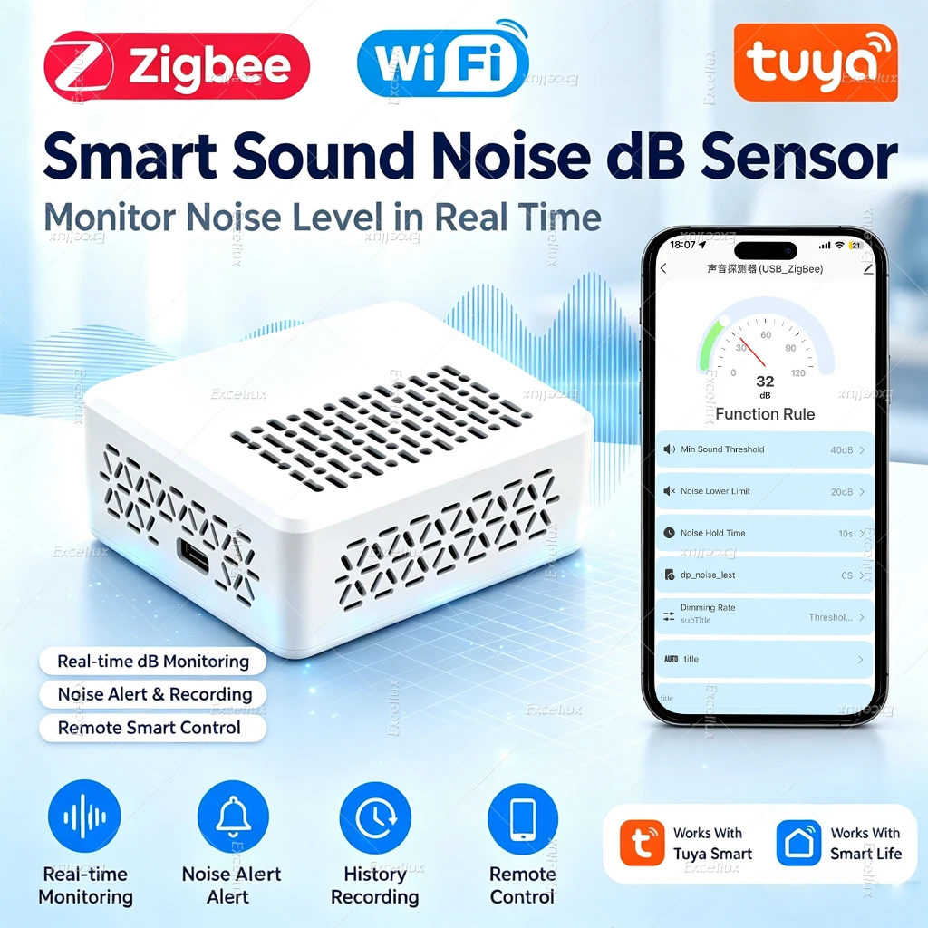 Tuya Wifi/Zigbee Sound Level Meter Noise Sensor Smart Life Environmental Sonometer Decibel Noise Detector Home Automation Scene