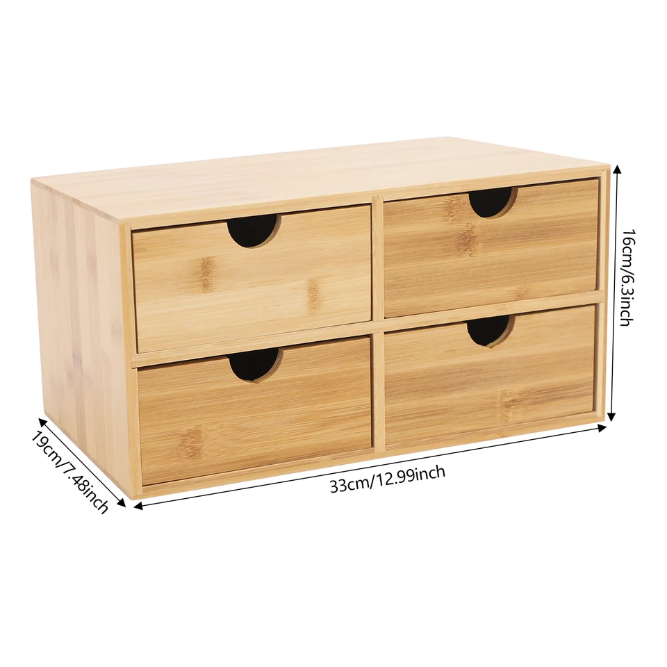 Organizador de escritorio de bambú ecológico, caja de almacenamiento de 4 niveles con acabado suave, unidad de cajones que ahorra espacio para papelería, cosméticos, documentos 4