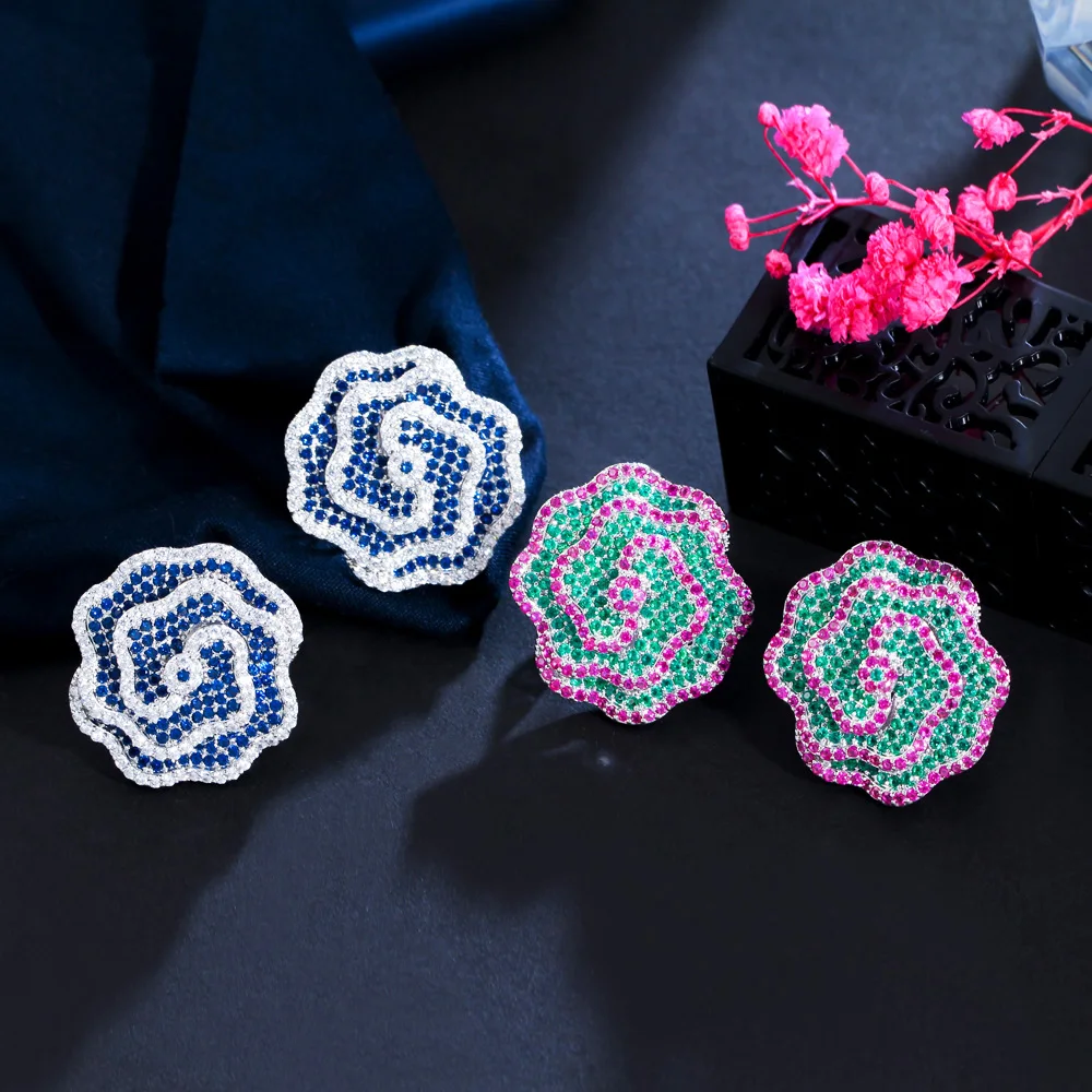 CWWZircons Kreative Ohrstecker mit großen Blumen aus grünem und rosarotem Zirkonia im Mikro-Pavé-Stil für Damen, schicker Schmuck für Hochzeiten und Partys E0810 – Detail 8