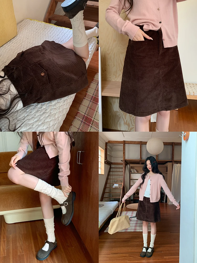 

Brown Corduroy High Waist A-Line Skirt for Women Spring 2026 New Sle Slimming Skirt Casual Polyester Cotton Blend
