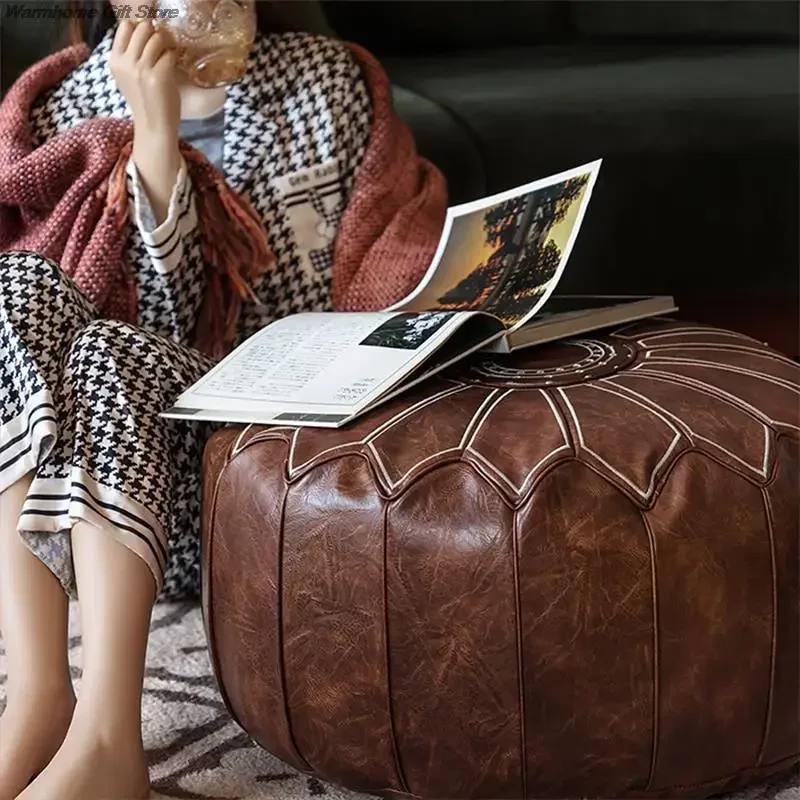 58cm Moroccan PU Leather Pouf Meditation Cushion Home Decor Embroidery Craft Hassock Ottoman Footstool Tatami Unstuffed Cushion