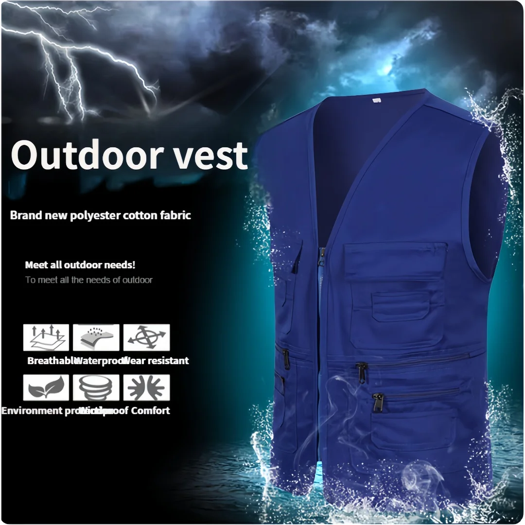 

Мужской жилет, куртка с несколькими карманами, молния, без рукавов, жилет для рыбалки, рабочая одежда для кемпинга, уличный жилет с v-образным вырезом, волонтерский жилет