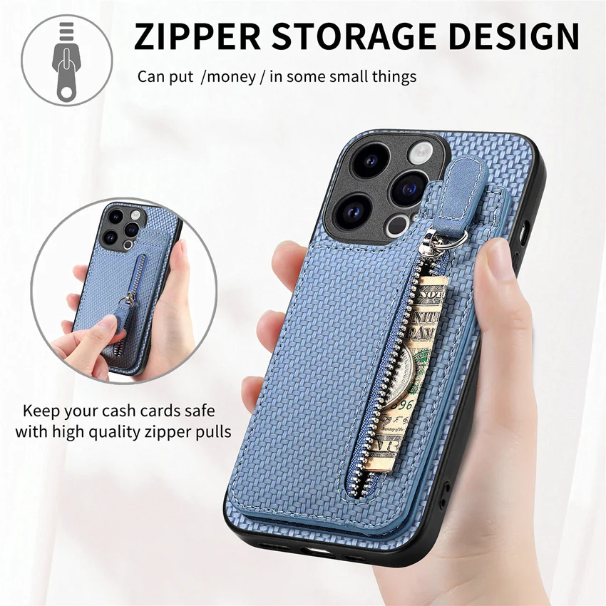 Flip Zipper Wallet Up Down Case For Redmi 8 8A 9 Power Prime 9A 9C 9I 9T 10 PrimePlus 10A 10C 12C 2in1 Carbon Fiber Back Cover