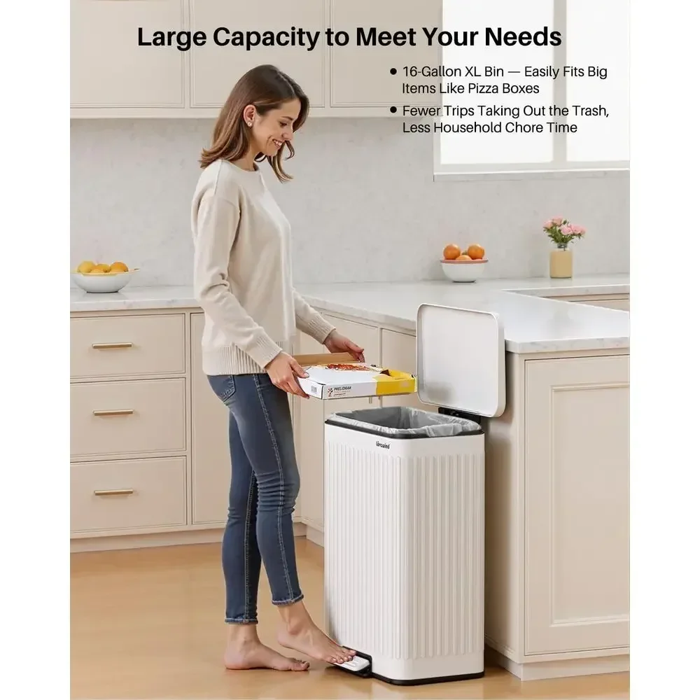 60 Liter 16 Gallon Stainless Steel Trash Can with Step-On Lid, Large Footprint Garbage Bin with Textured Design, Removable Inner