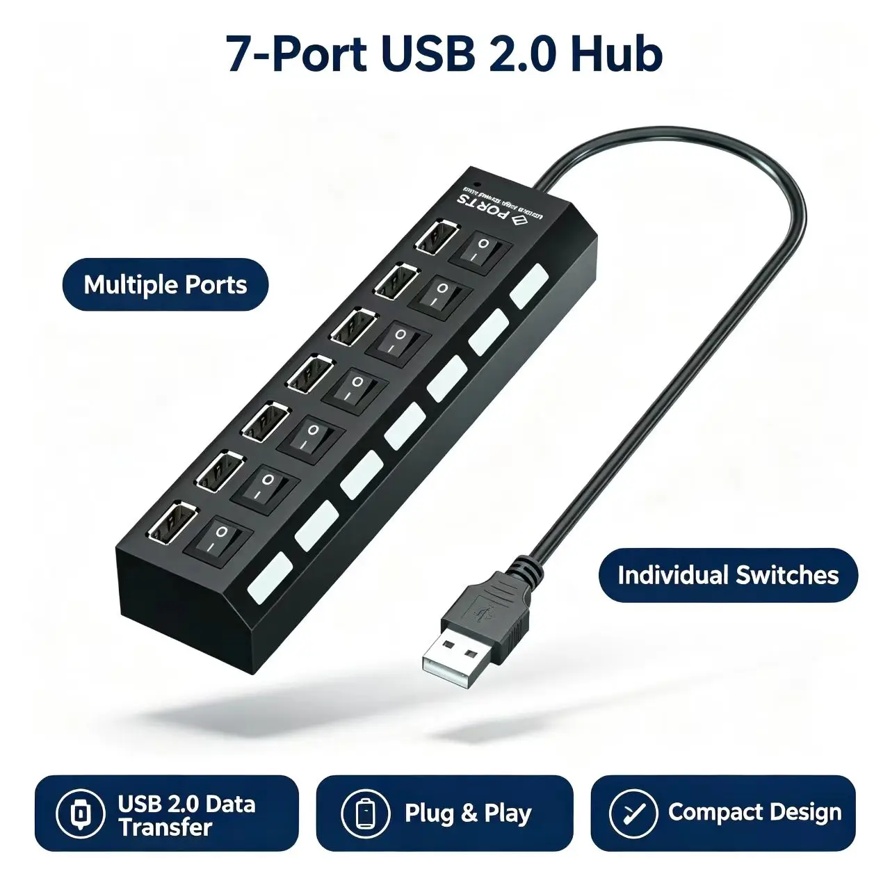 7-Port USB 2.0 Hub with Individual Power Switches, Multi USB Splitter Expander, High Speed USB Port Adapter for Laptop PC
