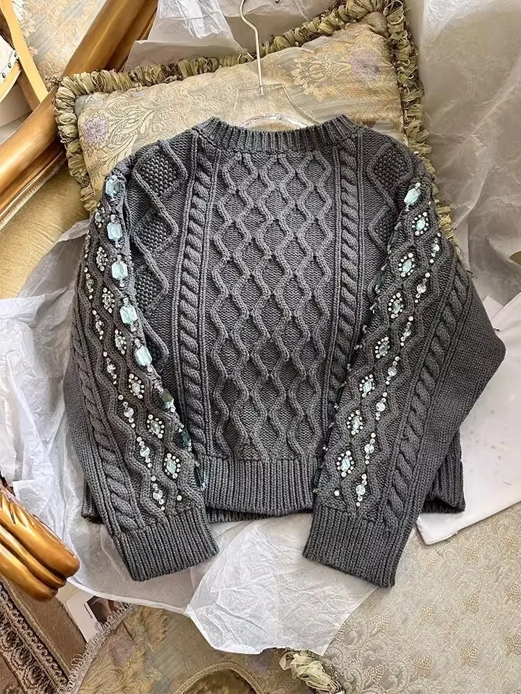 Vintage Women Single Breasted Knitted Cardigan Short Jacket O-Neck Diamonds Casual Sweater Long Sleeve Spring Autumn Knitwear