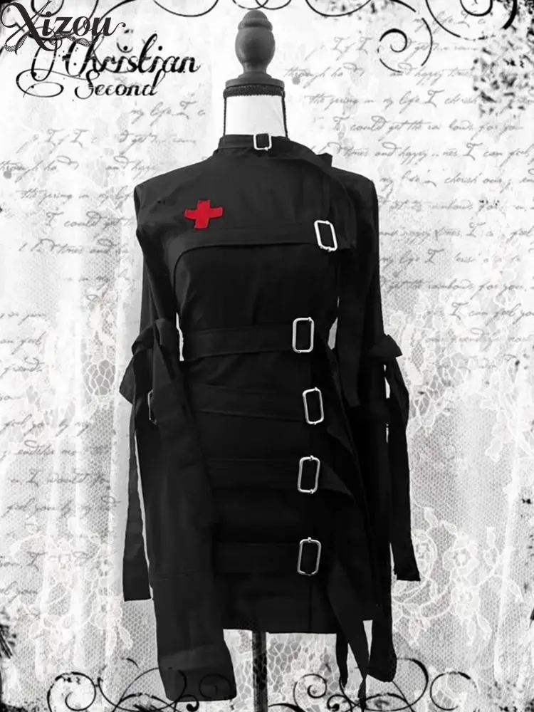 Chaqueta Gótica Y2K Estilo Moto con Correa Negra, Bordado de Cruz Roja, Diseño de Vendaje con Hebilla Metálica, Ropa Exterior Vintage Alternativa Japonesa, Otoño 2026