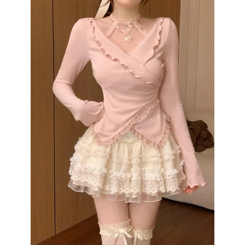 Sweet Lace Half-length Skirt Set Women's High-waist Princess Style Long-sleeve Midi Dress Two-piece Suite Autumn Collection