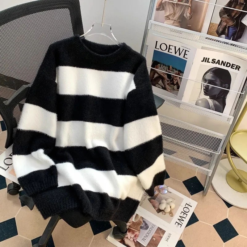 Maglione a righe in finta pelliccia di visone da donna girocollo ampio pullover a maniche lunghe versione coreana maglioni casual di media lunghezza
