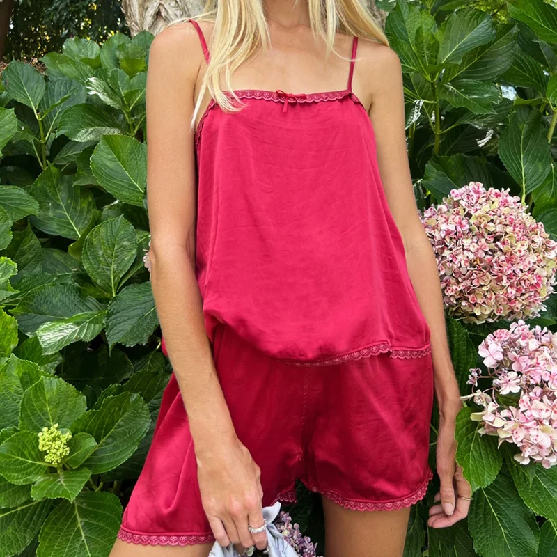 

Satin Silk 2 Piece Set Sweet Lace Trim Spaghetti Strap Camis Crop Tops + Shorts Women Lounge Outfits Comfy Soft Pajama Sleepwear
