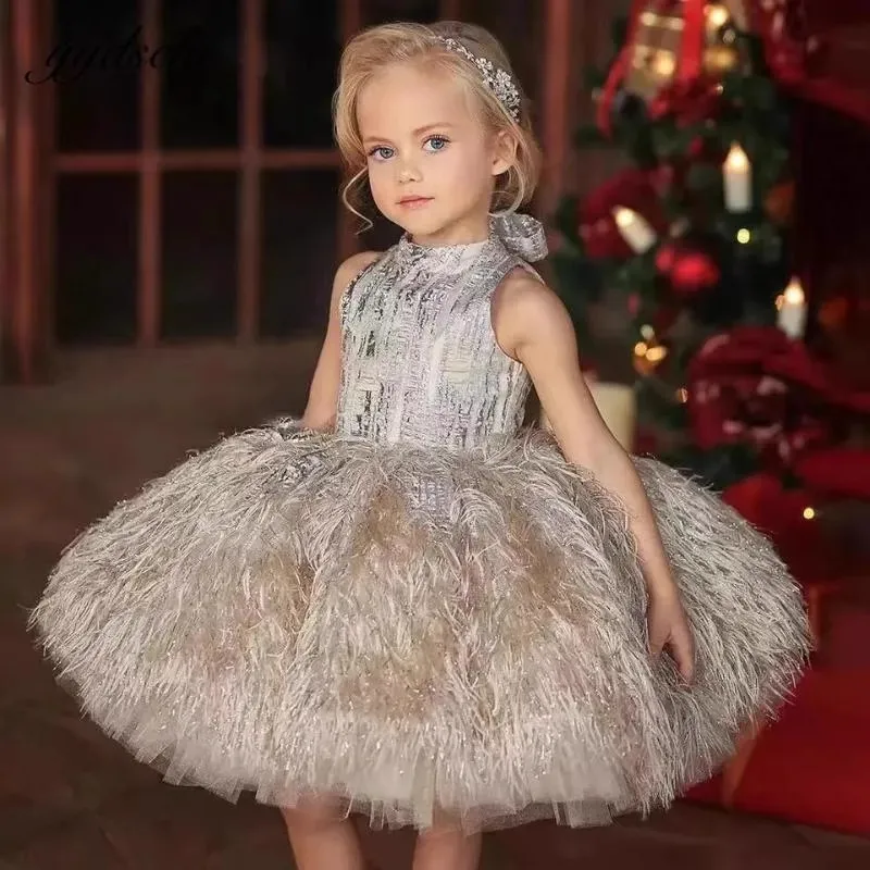 

Fashion Sequined Feather Design Sleeveless Birthday Party Wedding Evening Dress Luxury Elegant Girls Princess Ball Gown Children
