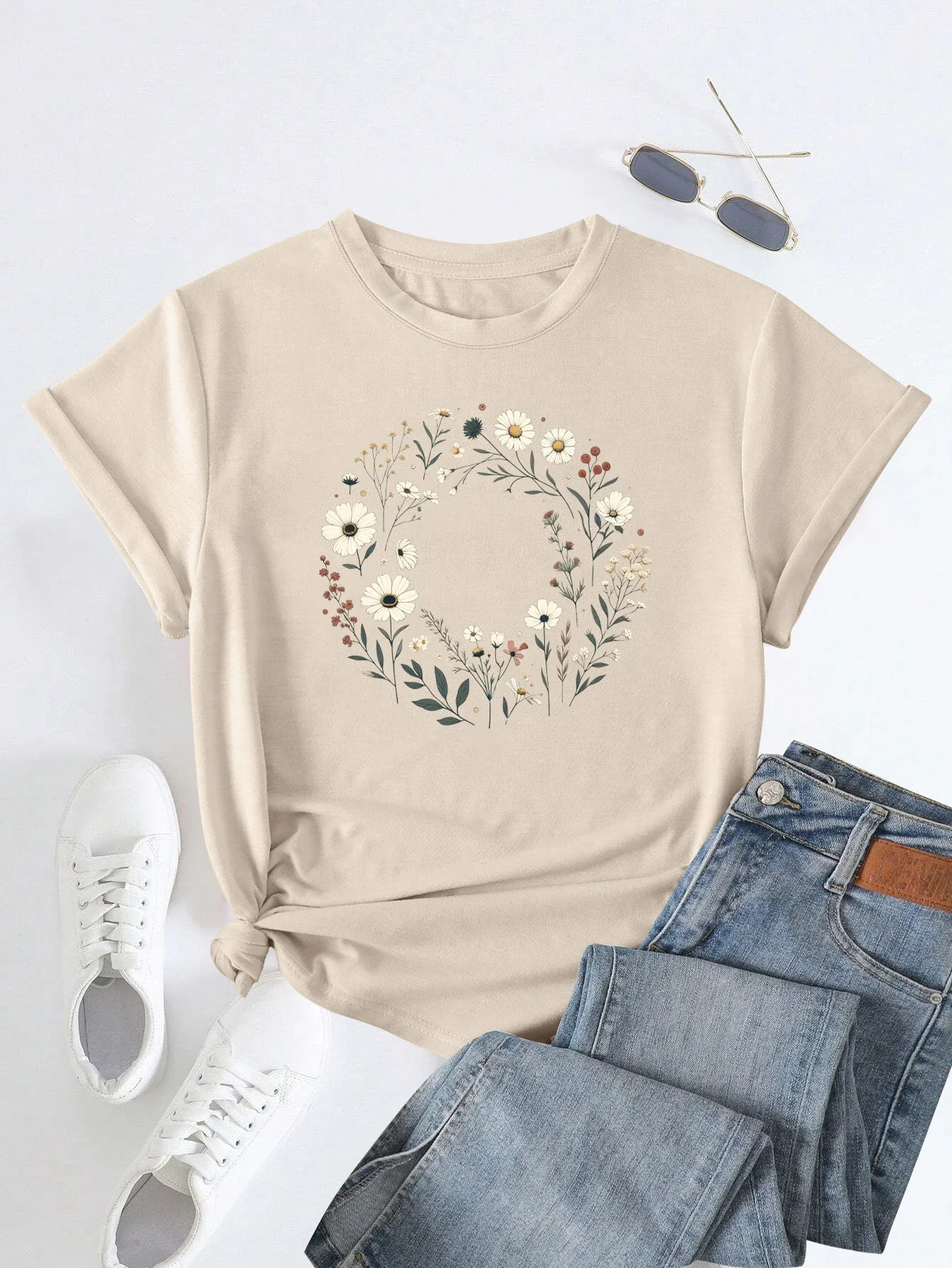 Retro Style Botanical Floral Wreath Design Print T-shirt Short Sleeve Crew Neck Casual Top For Summer&Spring Women's Clothing