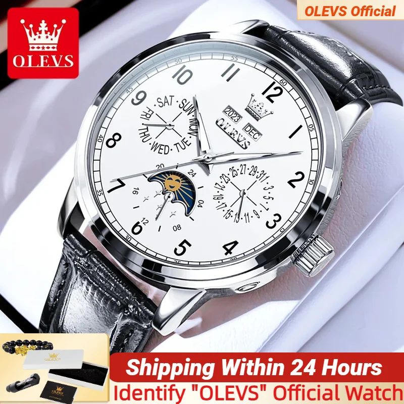 

OLEVS Luxury Brand Men's Watches Moon Phase Dual Calendar Leather Strap Business Formal Automatic Mechanical Watch for Men 2024