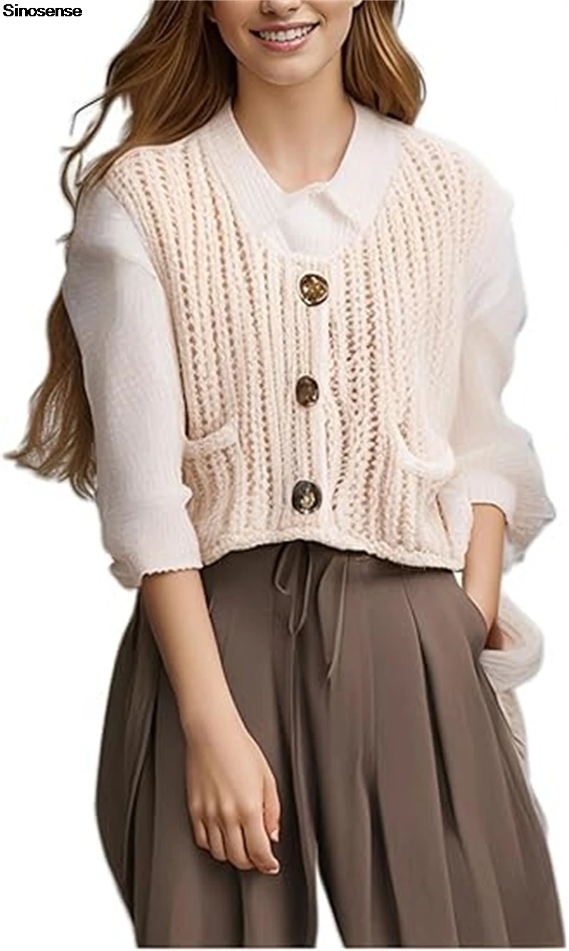 Women Chunky Knit Vest Gold Button Down Sleeveless Sweater Vest Casual Daily Wear Going Out Street Travel Crop Crochet Knit Vest