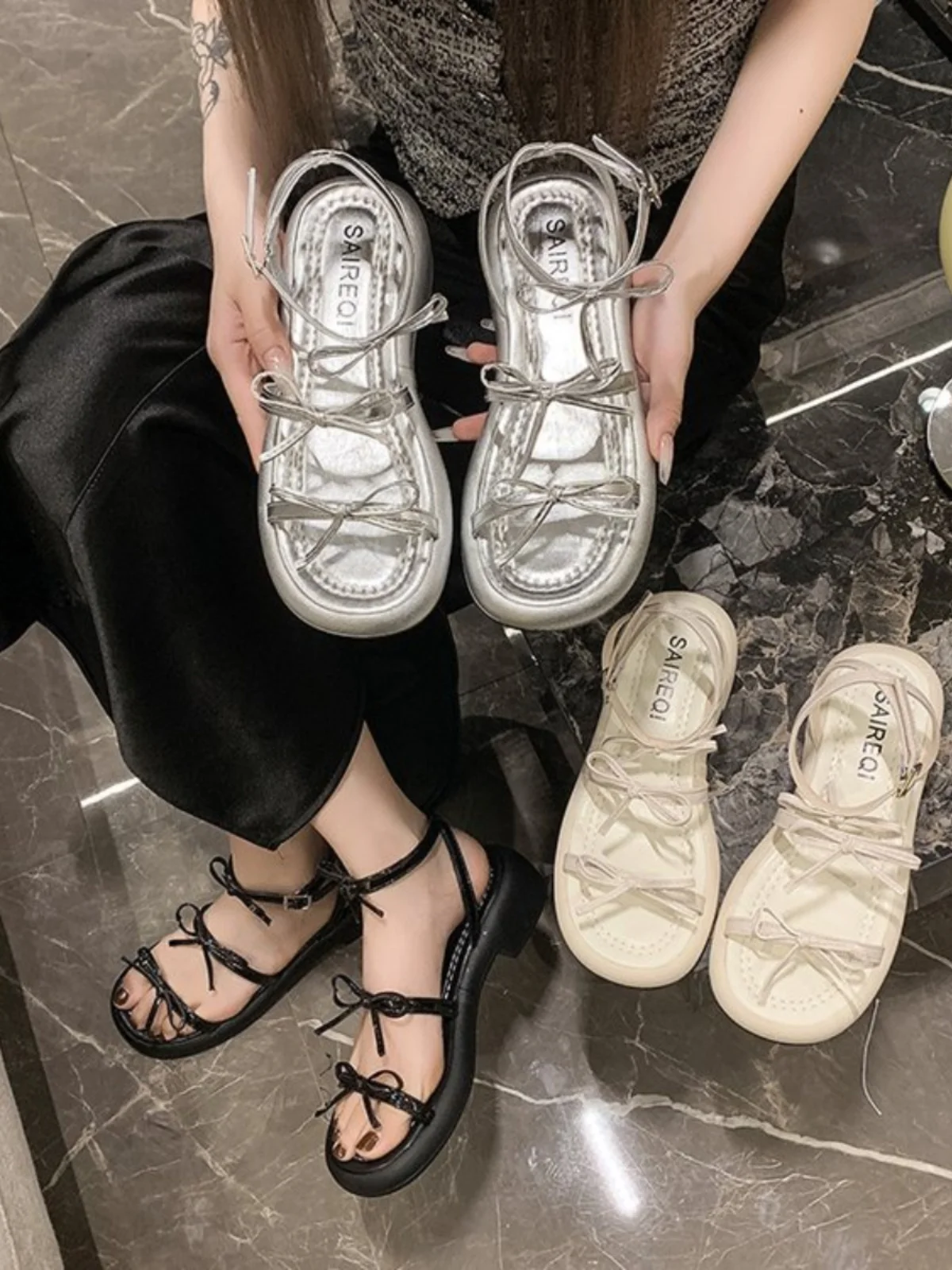 Comfort Shoes for Women Beach Sandals Block Heels Open Toe 2024 Summer Suit Female Beige Chunky Peep Girls Low Silver Black Bow