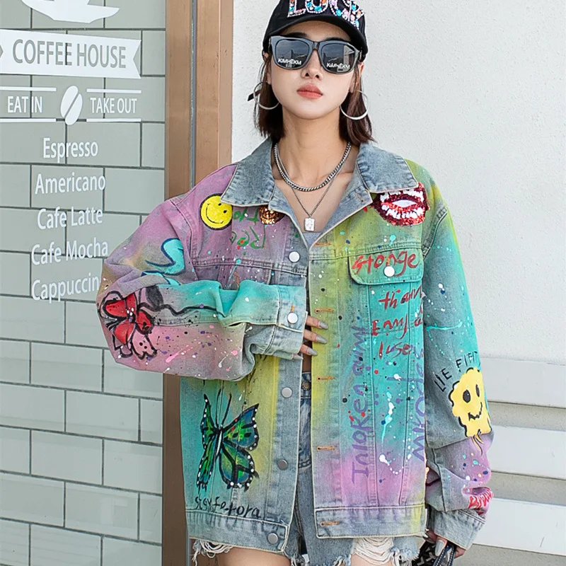 Women's Denim Jacketwomen's Spring And Autumn New Street Fashion Personality Sequins Handmade Graffiti Print Hip Hop Loose Denim