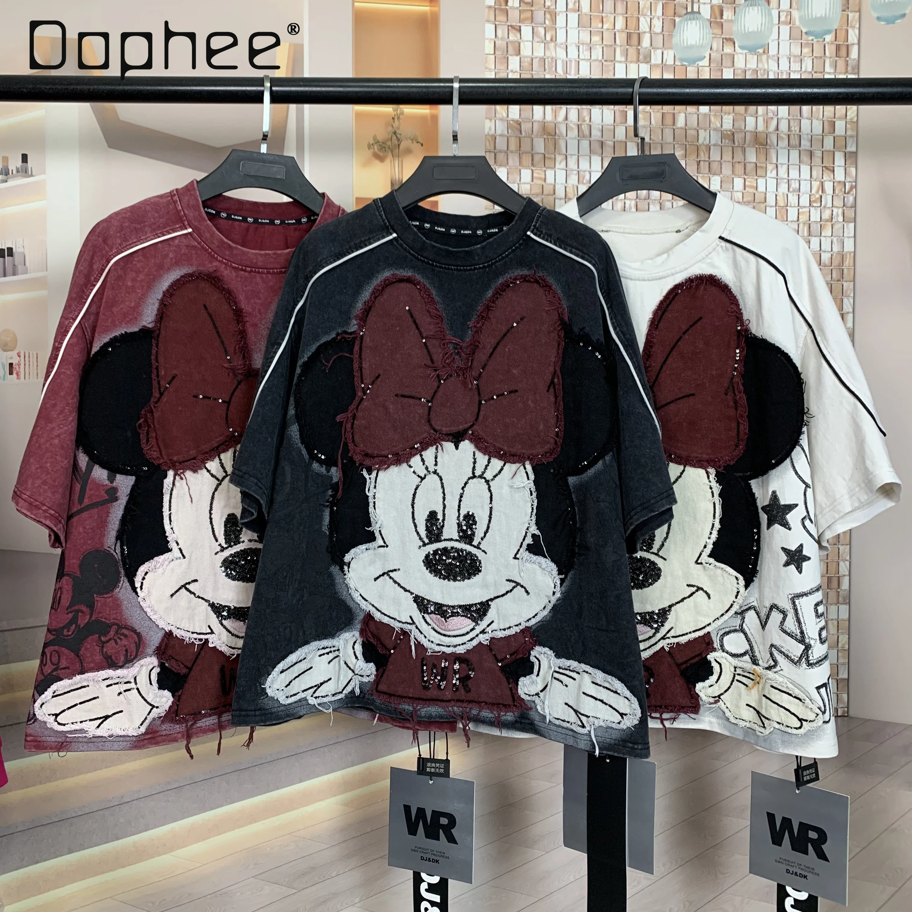 

Cartoon Fashion Loose Short-sleeved T-shirt Women Autumn New Trendy Brand Heavy Industry Cute Sticker Crew Neck Top