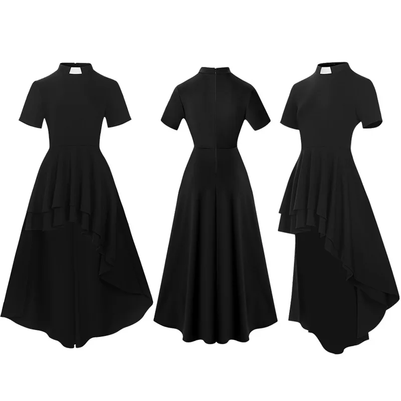 Clergy Women Dress Catholic Church Priest Tab Collar Dress Black Mass Pastor Costumes