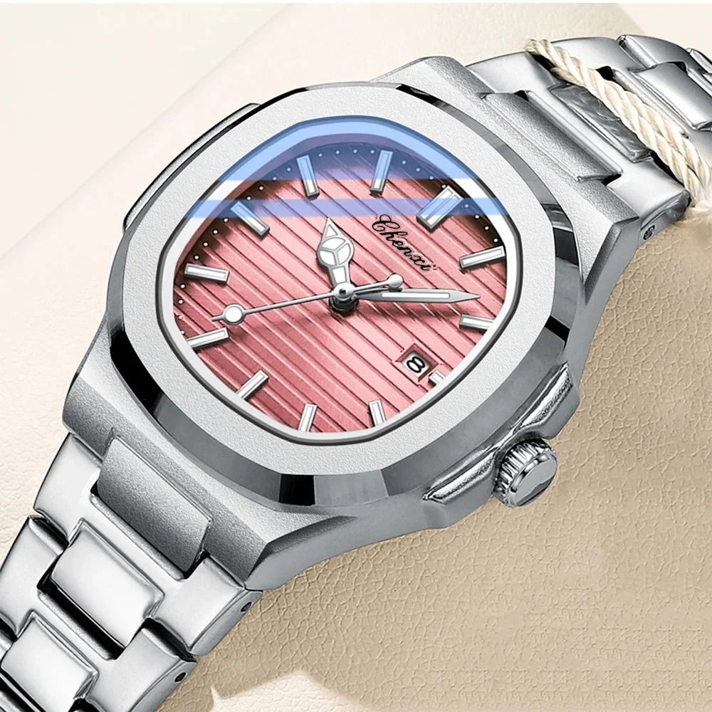 CHENXI 8222 Women's Quartz Watch Pink Fashion Striped Dial with Calendar Luminous Stainless Steel Strap Wristwatch for Girl Gift