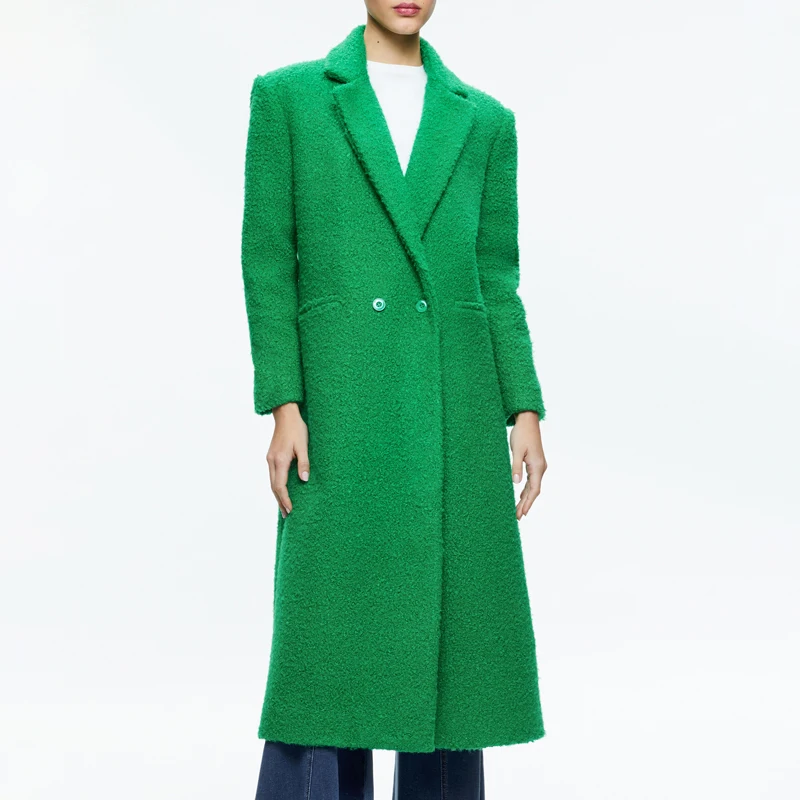 High-Quality Green Wool Coat for Women – Knee-Length Cashmere Blend Loose Fit Modern Fashion & Warmth