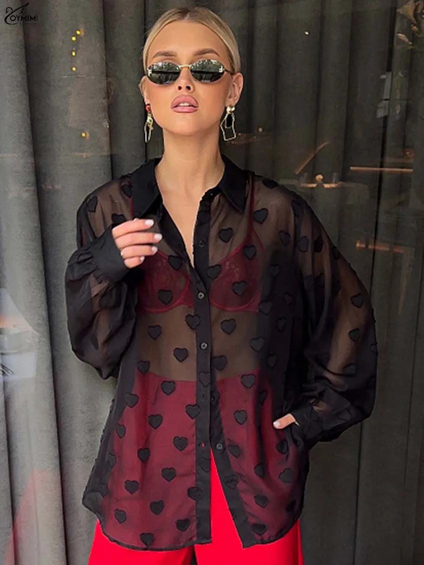 Oymimi Fashion White Print Woman Blouses Elegant Translucent Turn-Down Collar Blouses Casual Long Sleeve Single Breasted Shirts