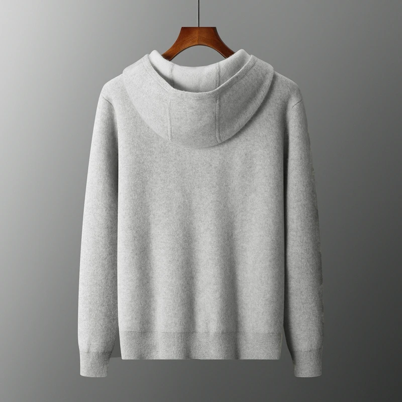 100% Cashmere Sweater 2025 Autumn Winter New Men's Short Hooded Cardigan Youth Color Block Knitted Base Shirt Jacket