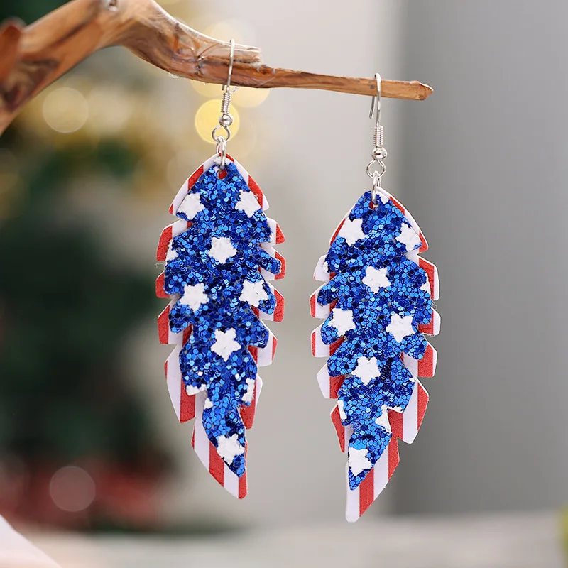 Hot Selling Independence Day Flag Leaf Double Leather Earrings European and American Five-pointed Star Sequined Pu Jewelry