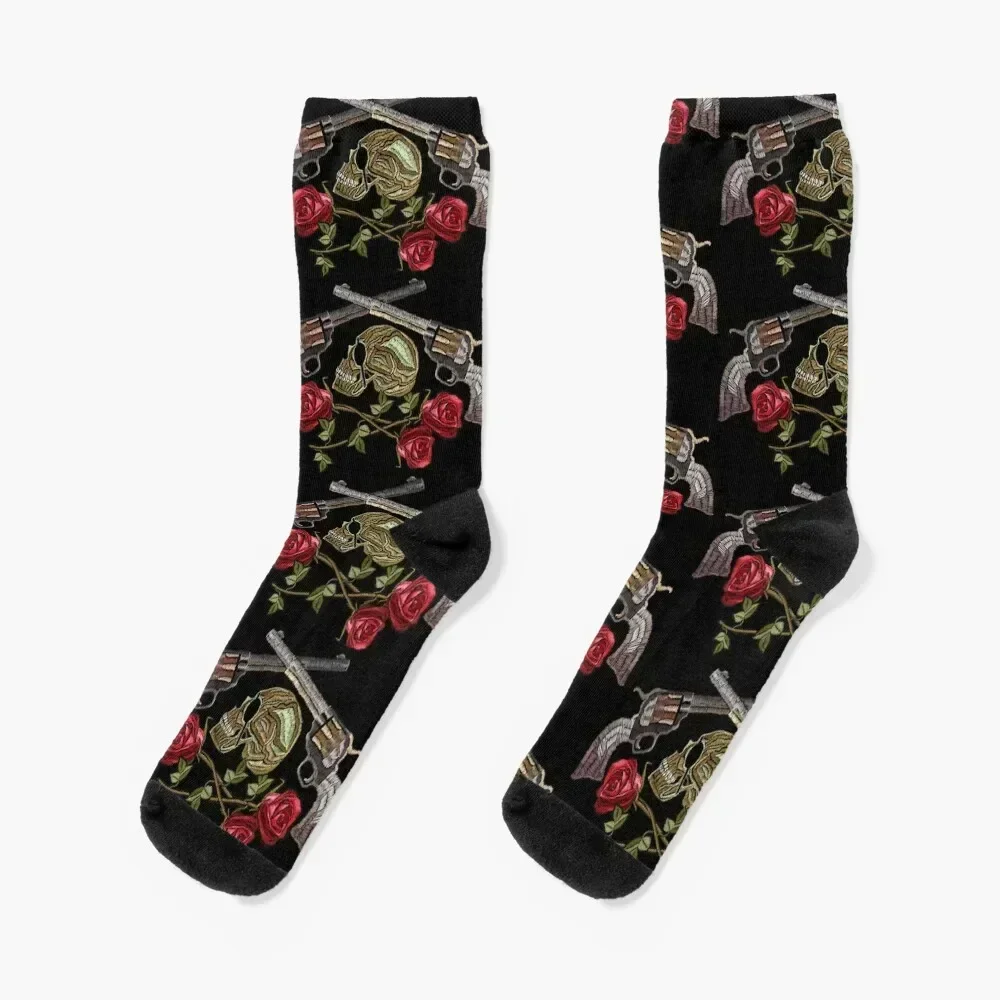 

Embroidery skull crossed guns and roses Socks tennis men cotton high quality cycling Soccer Luxury Woman Socks Men's