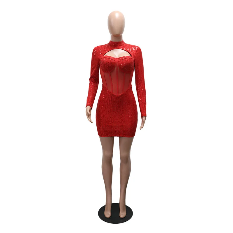 Sukienki damskie z długim rękawem, prześwitujące, z siateczkowymi wstawkami, czerwone, z cekinami, na imprezę, urodziny, błyszczące, obcisłe, seksowne, do klubu nocnego, 2025