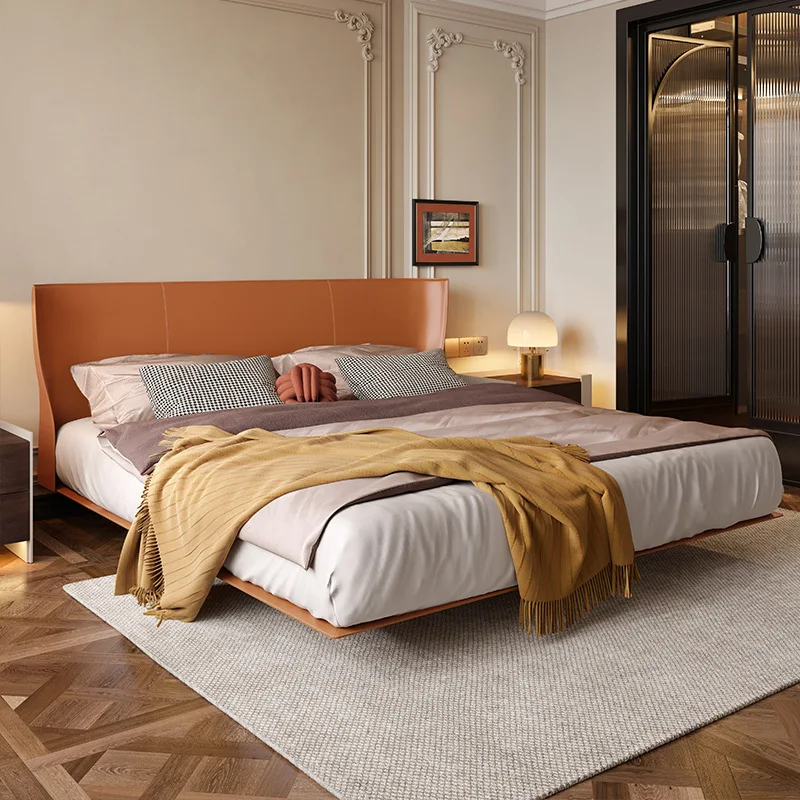 Suspended bed, steel frame, design, minimalist, master bedroom, queen bed, light luxury, saddle leather