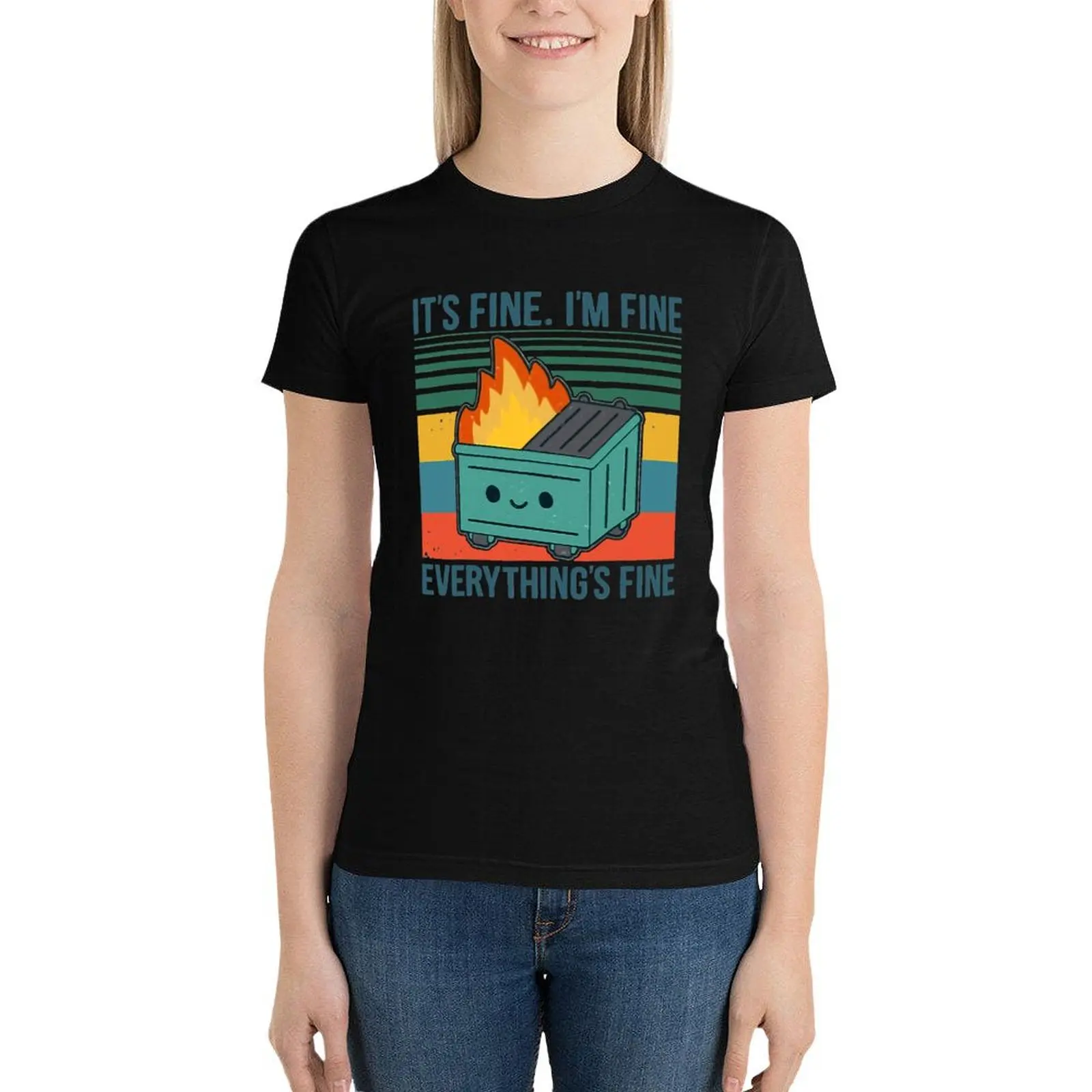 Retro Dumpster Fire It＊s Fine I＊m Fine Everything＊s T-Shirt kawaii clothes tops t-shirts for Women loose fit