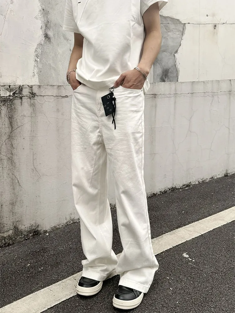Vintage American New Fashion Men Solid Color Loose Straight Simple Daily Basic Casual Trendy Denim Trousers Male Jeans Pants