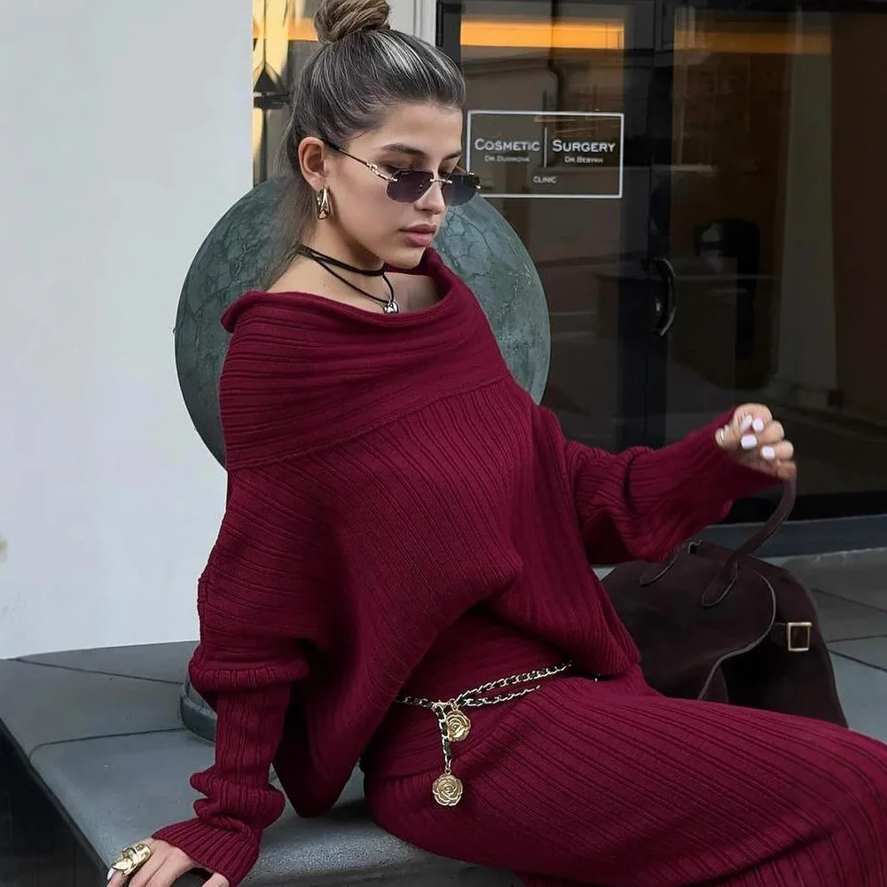 pregnant-women's-new-fashion-one-word-shoulder-loose-solid-color-knitted-sweater-two-piece-set-long-sleeved-women's-clothing