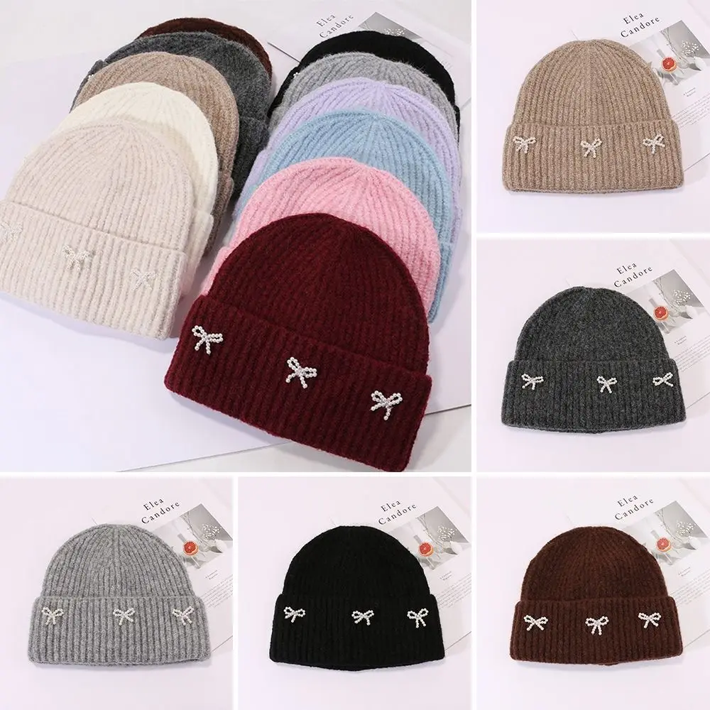 Winter Pearl Bow Knitted Hat Thick Soft Slouchy Bonnet Cute Casual Warm Hats for Women