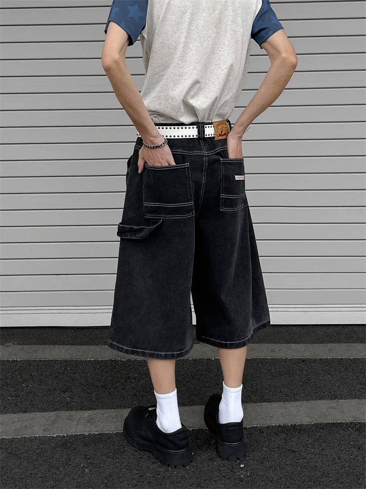 

Blue Grey Men's Retro Washed Straight Leg Loose Slimming Workwear Casual Wide Leg mid Waist Jeans Shorts Summer Fashion