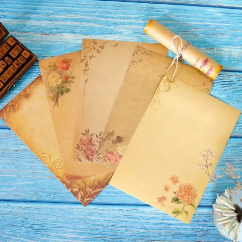 8Pcs Set Vintage Flower Design Kraft Brown Letter Paper Letterhead Writing Pad Drawing Sketch Stationery School Supplies