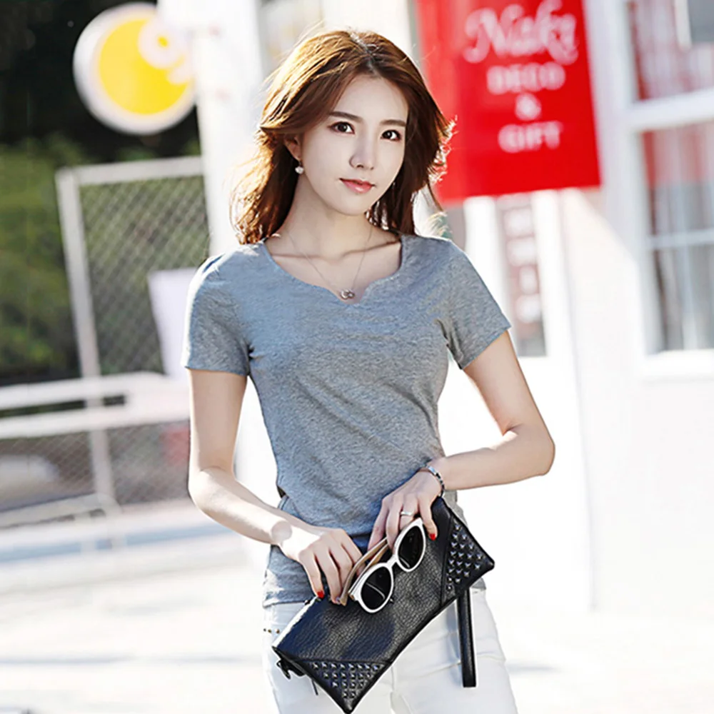 New Women Short Sleeve T-shirt Summer Fashion Chic V-Neck Cotton Stretch Tees Tops Casual Simplicity Basic Slim T-shirt Apricot