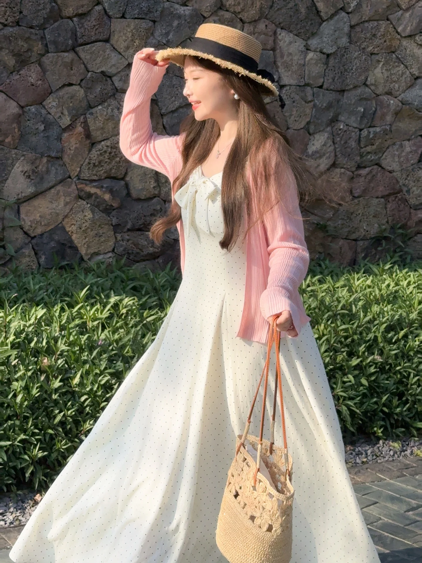 

Summer Dance Polka Dot Bow Tie Dress High Waist Slimming Strap Dress French Style A-Line Cotton Gown for plus Size Women