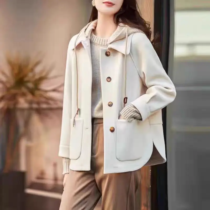 Women's Warm Single Breasted Wool Pea Coat Trench Coat Jacket with Knitted Hood Casual Style Woolen Coats