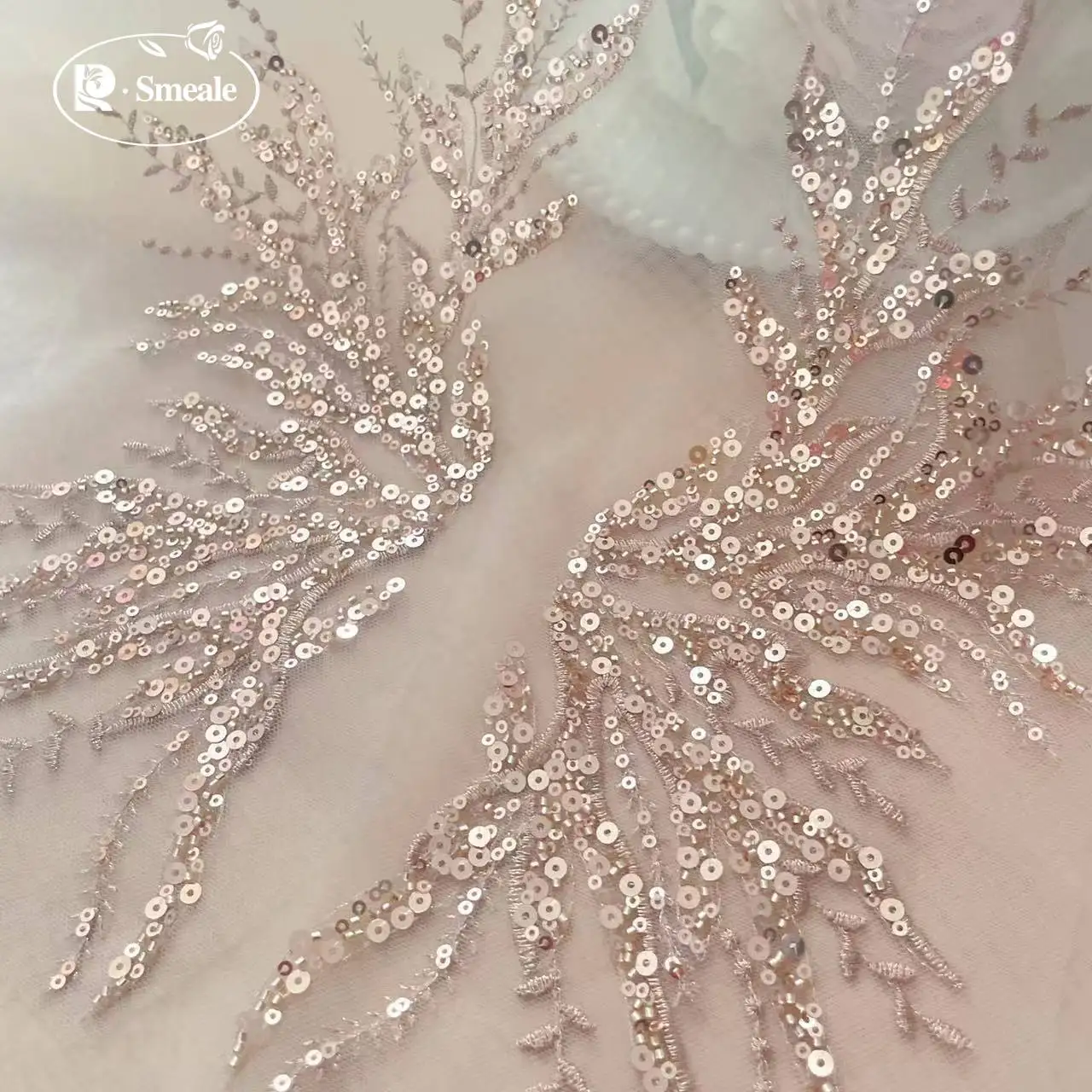 5 Paar-2 Paar. Roségold Pailletten-Röhrchenperlen-Stickerei-Spitzenapplikation, wunderschönes Korallenmuster DIY-Spitzenaufnäher, verspiegelte Blumen, RS252202 – Detail 6