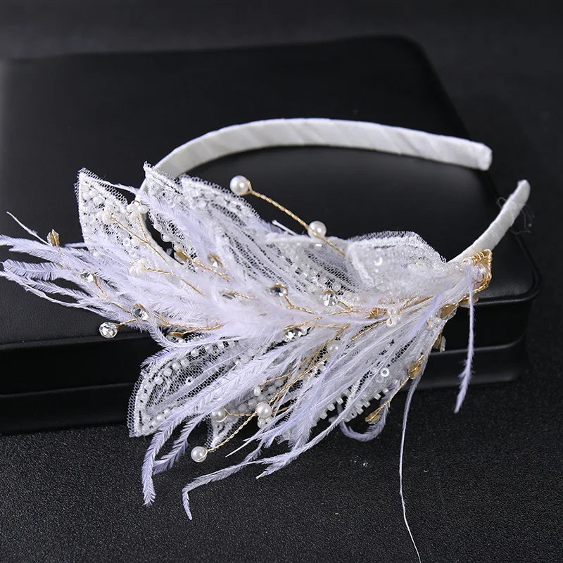 Bridal Crown Feather Headwear Wedding Headbands Headdress Pearl Rhinestone Hairbands Bride Hair Jewelry Guest wedding headdress